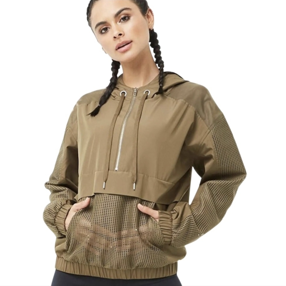 Forever 21 Olive Casual Jacket Hooded Windbreaker with Mesh Details Size S